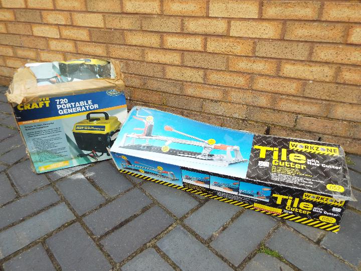 A Workzone tile cutter contained in original box and a Powercraft 720 Portable Generator, boxed.