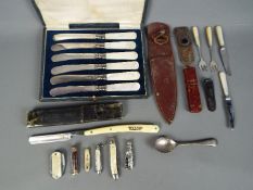 A collection of penknives, vintage cut throat razor, plated ware and similar.