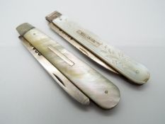 Two Victorian silver and mother of pearl folding fruit knives,