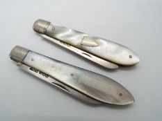 Two George V silver and mother of pearl folding fruit knives,