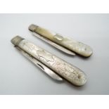 Two George V silver and mother of pearl folding fruit knives,