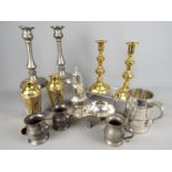 A mixed lot of metalware to include, plated ware, brassware and pewter.