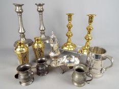 A mixed lot of metalware to include, plated ware, brassware and pewter.