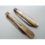 Two silver and mother of pearl folding fruit knives, the first a Victorian example,