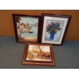Three framed pictures comprising an oil on canvas signed Vazquez,