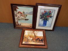 Three framed pictures comprising an oil on canvas signed Vazquez,