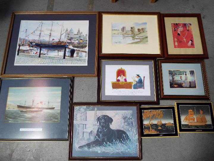 A collection of framed pictures, varying subjects and image sizes comprising watercolours,