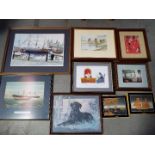 A collection of framed pictures, varying subjects and image sizes comprising watercolours,