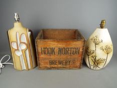 Two decorative table lamps and a vintage Hook Norton Brewery crate, approximately 28.5 cm x 36.