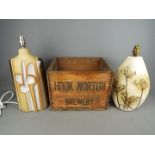 Two decorative table lamps and a vintage Hook Norton Brewery crate, approximately 28.5 cm x 36.