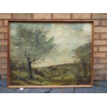 A framed oil on canvas depicting a rural scene with grazing cattle and a farm worker with working