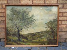 A framed oil on canvas depicting a rural scene with grazing cattle and a farm worker with working