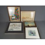 A collection of framed pictures to include an oil on board depicting a harbour side scene,