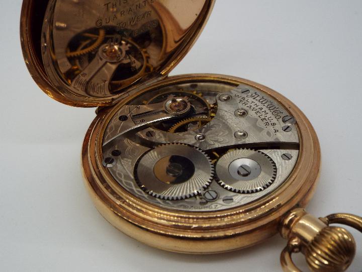 A Waltham Traveler, gold plated, full hunter, crown wind pocket watch. - Image 6 of 7