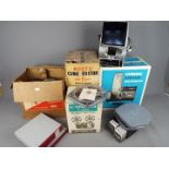 Lot to include slide projector, 8mm cine projectors, film reels, slides and similar.