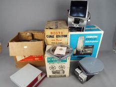 Lot to include slide projector, 8mm cine projectors, film reels, slides and similar.