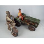 Two vintage decorative models comprising a motorcycle and a tractor,