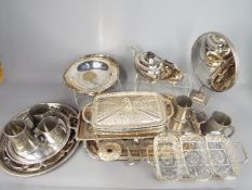 A quantity of plated ware to include salvers, bowl, teapot and other and a small quantity of pewter.