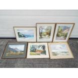 Six framed watercolours of landscape scenes, predominantly signed by the artist,
