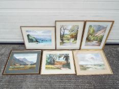 Six framed watercolours of landscape scenes, predominantly signed by the artist,