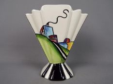 Lorna Bailey - a Lorna Bailey fan vase decorated with an Art Deco style hand painted house,