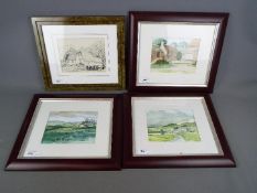 Three framed watercolour landscapes, signed by the artist R. Jones and one further picture.