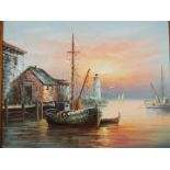 Max Savy (French 1918-2010) an oil on board depicting a harbour scene at sunrise,