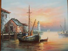 Max Savy (French 1918-2010) an oil on board depicting a harbour scene at sunrise,