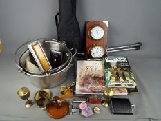 A mixed lot to include ukulele, books relating to steam trains, Abbey Road, metalware,