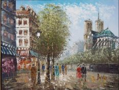 Caroline Burnett - A framed oil on board depicting a street scene, signed lower right by the artist,