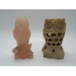 A rose quartz carving depicting an owl and one similar, largest approximately 9 cm (h).