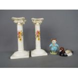 A Beswick Peter Scott 'Pochard', a 'Tom Kitten' figurine and a pair of Imperial Bonn candlesticks,