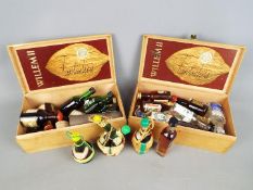 A collection of various miniature / taster bottles of alcoholic drink to include whisky, gin,