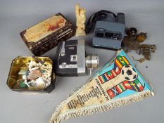 A mixed lot to include cameras, Argentina '78 pennant, amateur football medals, stone carving,