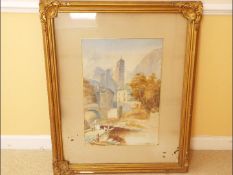 A watercolour depicting a continental village scene set in mountainous landscape, dated 1863,