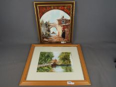 A watercolour landscape depicting cottages beside a river,