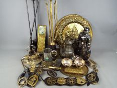 A collection of metalware to include brass, pewter, plated, fire irons and other.