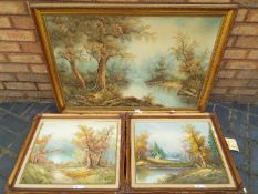 Three framed oils on canvas each depicting woodland scenes,