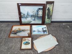 A collection of pictures and similar to include, oils, print, advertising mirror and similar,