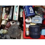 A mixed lot to include ceramics, plated ware, glassware, vintage tins and similar, two boxes.