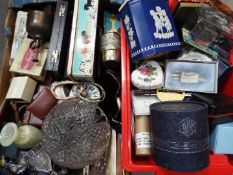 A mixed lot to include ceramics, plated ware, glassware, vintage tins and similar, two boxes.