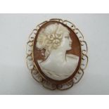 A 9ct gold mounted shell cameo brooch, approximately 5 cm x 4 cm and 13.5 grams all in.