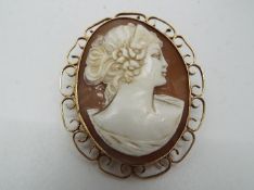 A 9ct gold mounted shell cameo brooch, approximately 5 cm x 4 cm and 13.5 grams all in.