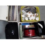 A mixed lot to include ceramics, household items, Acer laptop, box of 12" vinyl records and similar.