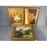 Three framed oils on canvas, two still life studies of flowers and a village scene,