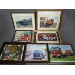 A collection of prints and photographs depicting lorries and commercial vehicles, all framed,