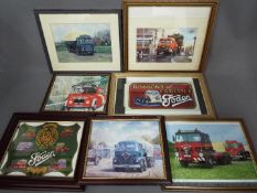 A collection of prints and photographs depicting lorries and commercial vehicles, all framed,