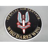 A cast 'Who Dares Wins' sign,