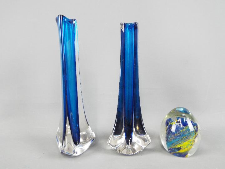 Two Geoffrey Baxter for Whitefriars 'Tricorn' cased glass vases in Kingfisher Blue, shape # 9570,