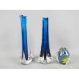 Two Geoffrey Baxter for Whitefriars 'Tricorn' cased glass vases in Kingfisher Blue, shape # 9570,